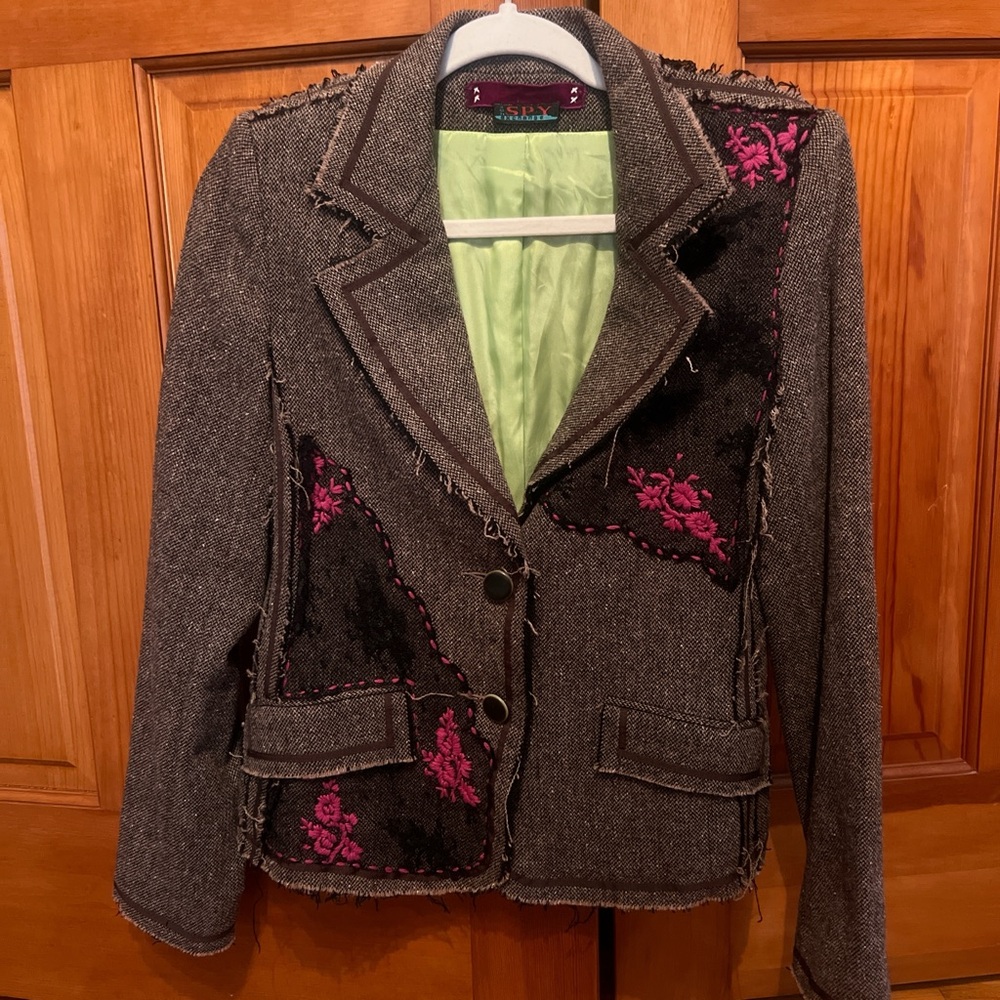 Women's Brown Tweed Jacket with Pink Embroidery